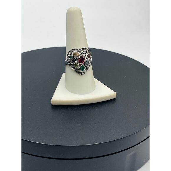 Sterling Silver Marcasite Multi-Gemstone Multi-Shaped Heart Noppakao Ring Sz 9.5 - Picture 4 of 9